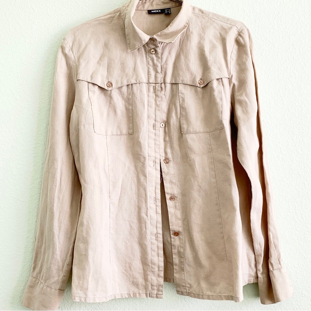 VINTAGE Mexx linen button up down khaki tan beige shirt top Small casual